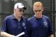 Dallas Cowboy owner Jerry Jones, left and head coach Jason Garrett, right, talk as they arrive for the state of the Cowboys address at NFL football training camp, Saturday, July 20, 2013, in Oxnard, Calif. (AP Photo/Gus Ruelas)