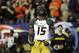 FILE - In this Dec. 7, 2013, file photo, Missouri wide receiver Dorial Green-Beckham celebrates his touchdown against Auburn during the first half of the Southeastern Conference NCAA college football championship game in Atlanta. Dorial Green-Beckham was suspended indefinitely Monday, April 7, 2014, for an unspecified violation of team rules, three months after he and two friends were arrested on suspicion of felony drug distribution when police found a pound of marijuana in their car. Coach Gary Pinkel announced the suspension without mentioning the January incident in which the standout receiver was arrested in his Missouri hometown of Springfield. (AP Photo/John Bazemore, File)
