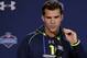 Central Florida quarterback Blake Bortles answers a question during a news conference at the NFL football scouting combine in Indianapolis, Friday, Feb. 21, 2014. (AP Photo/Michael Conroy)