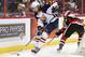 OTTAWA, ON - MARCH 13: Aaron Ekblad #5 of the Barrie Colts skates with the puck past Travis Konecny #17 of the Ottawa 67's during an OHL game at Canadian Tire Centre on March 13, 2014 in Ottawa, Ontario, Canada. (Photo by Jana Chytilova/Freestyle Photography/Getty Images)