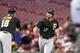 CINCINNATI, OH - APRIL 14: Gaby Sanchez #17 of the Pittsburgh Pirates rounds the bases after hitting a home run in the second inning of the game against the Cincinnati Reds at Great American Ball Park on April 14, 2014 in Cincinnati, Ohio. (Photo by Joe Robbins/Getty Images)