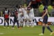 Lyon's Maxime Gonalons celebrates with his teammates after they scored a goal against Paris Saint Germain during their French League One soccer match in Lyon, central France, Sunday, April 13, 2014. (AP Photo/Laurent Cipriani)