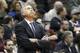 Los Angeles Lakers head coach Mike D'Antoni reacts to a call during the first quarter of an NBA basketball game against the Minnesota Timberwolves in Minneapolis, Friday, March 28, 2014. (AP Photo/Ann Heisenfelt)