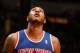 MIAMI, FL - April 6: Carmelo Anthony #7 of the New York Knicks looks on while on the court during the game at the American Airlines Arena in Miami, Florida on April 6, 2014. NOTE TO USER: User expressly acknowledges and agrees that, by downloading and/or using this photograph, user is consenting to the terms and conditions of the Getty Images License Agreement. Mandatory copyright notice: Copyright NBAE 2014 (Photo by Issac Baldizon/NBAE via Getty Images)