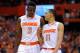 Syracuse's Jerami Grant (3) and Tyler Ennis (11) chat during a free throw during the second half of an NCAA college basketball game against Wake Forest in Winston-Salem, N.C., Wednesday, Jan. 29, 2014. Syracuse won 67-57. (AP Photo/Chuck Burton)