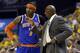 New York Knicks head coach Mike Woodson talks to Carmelo Anthony (7) during the first half of Game 6 of an Eastern Conference semifinal NBA basketball playoff series against the Indiana Pacers Saturday, May 18, 2013, in Indianapolis. (AP Photo/Darron Cummings)