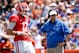 Apr 12, 2014; Gainesville, FL, USA; Florida Gators head coach Will Muschamp looks on with quarterback Skyler Mornhinweg (17) during the first half of the spring game at Ben Hill Griffin Stadium. Mandatory Credit: Rob Foldy-USA TODAY Sports