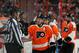 PHILADELPHIA, PA - APRIL 13: Kimmo Timonen #44 of the Philadelphia Flyers celebrates his second period power-play goal against the Carolina Hurricanes with his bench on April 13, 2014 at the Wells Fargo Center in Philadelphia, Pennsylvania. (Photo by Len Redkoles/NHLI via Getty Images)