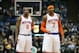 MINNEAPOLIS, MN - MARCH 5: J.R. Smith #8 and Carmelo Anthony #7 of the New York Knicks look on during the game against the Minnesota Timberwolves on March 5, 2014 at Target Center in Minneapolis, Minnesota. NOTE TO USER: User expressly acknowledges and agrees that, by downloading and or using this Photograph, user is consenting to the terms and conditions of the Getty Images License Agreement. Mandatory Copyright Notice: Copyright 2014 NBAE (Photo by Jordan Johnson/NBAE via Getty Images)