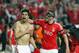 Benfica's Andre Gomes, left, celebrates with teammate Jardel, from Brazil, after scoring their side's third goal against Porto during a Portugal Cup semifinal second leg soccer match between Benfica and Porto at Benfica's Luz stadium in Lisbon, Wednesday, April 16, 2014. (AP Photo/Francisco Seco)