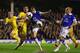 LIVERPOOL, ENGLAND - APRIL 16: Jose Campana of Crystal Palace and Kevin Mirallas of Everton compete for the ball during the Barclays Premier League match between Everton and Crystal Palace at Goodison Park on April 16, 2014 in Liverpool, England. (Photo by Clive Brunskill/Getty Images)
