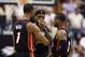 Dec 10, 2013; Indianapolis, IN, USA; Miami Heat forward LeBron James (6) talks to center Chris Bosh (1) and guard Dwayne Wade (3) during a game against the Indiana Pacers at Bankers Life Fieldhouse. Mandatory Credit: Brian Spurlock-USA TODAY Sports