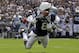 Penn State wide receiver Allen Robinson (8) hauls in a 43-yard pass from Penn State quarterback Christian Hackenberg with Eastern Michigan defensive back Willie Creear making the tackle during the first quarter of an NCAA college football game in State College, Pa., Saturday, Sept. 7, 2013. (AP Photo/Gene J. Puskar)