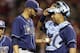 Tampa Bay Rays starting pitcher David Price, left, talks with catcher Jose Molina after Price gave up a solo home run to Cincinnati Reds' Joey Votto in the ninth inning of a baseball game, Friday, April 11, 2014, in Cincinnati. Price was the winning pitcher in the game won by Tampa Bay 2-1. (AP Photo/Al Behrman)