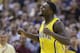 Indiana Pacers guard Lance Stephenson celebrates late in the second half of an NBA basketball game against the Oklahoma City Thunder in Indianapolis, Sunday, April 13, 2014. The Pacers defeated the Thunder 102-97. (AP Photo/Michael Conroy)