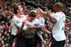 MANCHESTER, ENGLAND - MARCH 16: Steven Gerrard of Liverpool celebrates scoring the second goal with his team-mates during the Barclays Premier League match between Manchester United and Liverpool at Old Trafford on March 16, 2014 in Manchester, England. (Photo by Alex Livesey/Getty Images)