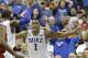 Duke's Jabari Parker, left, reacts with teammate Rasheed Sulaimon, right, after a basket against North Carolina State during the second half of an NCAA college basketball game in the semifinals of the Atlantic Coast Conference tournament in Greensboro, N.C., Saturday, March 15, 2014. (AP Photo/Gerry Broome)
