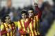 Barcelona's Cristian Tello, right, celebrates after scoring against Levante during their la Copa del Rey soccer match at the Ciutat de Valencia stadium in Valencia, Spain, Wednesday, Jan. 22, 2014. (AP Photo/Alberto Saiz)