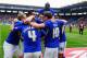 LEICESTER, ENGLAND - APRIL 19: David Nugent of Leicester City (obscured) is congratulated by team mates as he scores their first goal during the Sky Bet Championship match between Leicester City and Queens Park Rangers at The King Power Stadium on April 19, 2014 in Leicester, England. (Photo by Michael Regan/Getty Images)