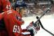 Washington Capitals left wing Andre Burakovsky (65), of Austria, looks on during the first period an NHL preseason hockey game against the Chicago Blackhawks, Friday, Sept. 20, 2013, in Washington. (AP Photo/Nick Wass)