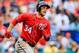 Apr 13, 2014; Atlanta, GA, USA; Washington Nationals left fielder Bryce Harper (34) runs to first on a double in the sixth inning against the Atlanta Braves at Turner Field. Mandatory Credit: Daniel Shirey-USA TODAY Sports