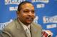 LOS ANGELES, CA - APRIL 19: Mark Jackson of the Golden State Warriors speaks to the media before Game One of the Western Conference Quarterfinals of the NBA Playoffs against the Los Angeles Clippers at STAPLES Center on April 19, 2014 in Los Angeles, California. NOTE TO USER: User expressly acknowledges and agrees that, by downloading and/or using this Photograph, user is consenting to the terms and conditions of the Getty Images License Agreement. Mandatory Copyright Notice: Copyright 2014 NBAE (Photo by Andrew D. Bernstein/NBAE via Getty Images)