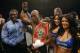 Apr 19, 2014; Washington, DC, USA; Bernard Hopkins celebrates after his split decision victory over Beibut Shumenov at DC Armory. Mandatory Credit: Geoff Burke-USA TODAY Sports