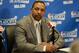 LOS ANGELES, CA - APRIL 19: Mark Jackson of the Golden State Warriors speaks to the media after Game One of the Western Conference Quarterfinals of the NBA Playoffs at STAPLES Center on April 19, 2014 in Los Angeles, California. NOTE TO USER: User expressly acknowledges and agrees that, by downloading and/or using this Photograph, user is consenting to the terms and conditions of the Getty Images License Agreement. Mandatory Copyright Notice: Copyright 2014 NBAE (Photo by Andrew D. Bernstein/NBAE via Getty Images)