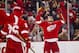 Detroit Red Wings forward Tomas Tatar celebrates his goal, during the second period of an NHL hockey game against the Boston Bruins in Detroit, Mich., Wednesday, April 2, 2014. (AP Photo/Tony Ding)