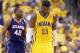 INDIANAPOLIS, IN - APRIL 19: Roy Hibbert #55 of the the Indiana Pacers walks with his head down after a foul in the 101 -93 loss to the Atlanta Hawks in Game 1 of the Eastern Conference Quarterfinals during the 2014 NBA Playoffs at Bankers Life Fieldhouse on April 19, 2014 in Indianapolis, Indiana. NOTE TO USER: User expressly acknowledges and agrees that, by downloading and or using this photograph, User is consenting to the terms and conditions of the Getty Images License Agreement. (Photo by Andy Lyons/Getty Images)