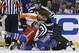 Linesmen Scott Driscoll (68) and Mark Shewchyk (92) wrestle New York Rangers defenseman Ryan McDonagh (27) and Philadelphia Flyers center Claude Giroux (28) from each other during a fight in the third period of Game 2 of the first round of the Stanley Cup hockey playoffs at Madison Square Garden in New York, Sunday, April 20, 2014. The Flyers defeated the Rangers 4-2. (AP Photo/Kathy Willens)