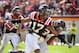 Oct 5, 2013; Blacksburg, VA, USA; Virginia Tech Hokies cornerback Kyle Fuller (17) celebrates with safety Kyshoen Jarrett (34) after making an interception in the fourth quarter. The Hokies defeated the Tar Heels 27-17 at Lane Stadium. Mandatory Credit: Bob Donnan-USA TODAY Sports