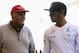 BAHRAIN, BAHRAIN - FEBRUARY 20: Niki Lauda the non-executive chairman of the Mercedes AMG Petronas F1 Team is seen with Lewis Hamilton of Great Britain and Mercedes GP during day two of Formula One Winter Testing at the Bahrain International Circuit on February 20, 2014 in Bahrain, Bahrain. (Photo by Andrew Hone/Getty Images)