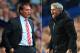 FILE PHOTO - EDITORS NOTE: COMPOSITE OF TWO IMAGES - Image Numbers 150452492 (L) and 479407505) In this composite image a comparison has been made between Brendan Rodgers ,manager of Liverpool (L) and Chelsea manager Jose Mourinho. The top two teams in the Premier League meet in a league match on April 27, 2014 at Anfield in Liverpool,England. ***LEFT IMAGE*** WEST BROMWICH, ENGLAND - AUGUST 18: Liverpool manager Brendan Rodgers looks on during the Barclays Premier League match between West Bromwich Albion and Liverpool at The Hawthorns on August 18, 2012 in West Bromwich, England. (Photo by Michael Regan/Getty Images) ***RIGHT IMAGE*** LONDON, ENGLAND - MARCH 18: Jose Mourinho manager of Chelsea shouts during the UEFA Champions League Round of 16 second leg match between Chelsea and Galatasaray AS at Stamford Bridge on March 18, 2014 in London, England. (Photo by Clive Rose/Getty Images)