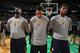 BOSTON, MA - MARCH 1: Lance Stephenson #1,Evan Turner #12 and Paul George #24 of the Indiana Pacers listen to the anthem against the Boston Celtics during the game at the TD Garden on March 1, 2014 in Washington, DC. NOTE TO USER: User expressly acknowledges and agrees that, by downloading and or using this photograph, User is consenting to the terms and conditions of the Getty Images License Agreement. Mandatory Copyright Notice: Copyright 2014 NBAE (Photo by Ned Dishman/NBAE via Getty Images)
