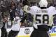 Pittsburgh Penguins' Lee Stempniak, left, celebrates his goal against the Columbus Blue Jackets' during the third period of a first-round NHL playoff hockey game Monday, April 21, 2014, in Columbus, Ohio. The Penguins defeated the Blue Jackets 4-3. (AP Photo/Jay LaPrete)