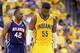 INDIANAPOLIS, IN - APRIL 19: Roy Hibbert #55 of the the Indiana Pacers walks with his head down after a foul in the 101 -93 loss to the Atlanta Hawks in Game 1 of the Eastern Conference Quarterfinals during the 2014 NBA Playoffs at Bankers Life Fieldhouse on April 19, 2014 in Indianapolis, Indiana. NOTE TO USER: User expressly acknowledges and agrees that, by downloading and or using this photograph, User is consenting to the terms and conditions of the Getty Images License Agreement. (Photo by Andy Lyons/Getty Images)