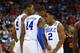 RALEIGH, NC - MARCH 21: Quinn Cook #2, Rasheed Sulaimon #14 and Rodney Hood #5 of the Duke Blue Devils celebrate in the second half against the Mercer Bears in the second round of the 2014 NCAA Men's Basketball Tournament at PNC Arena on March 21, 2014 in Raleigh, North Carolina. (Photo by Streeter Lecka/Getty Images)