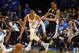 Apr 19, 2014; Oklahoma City, OK, USA; Oklahoma City Thunder guard Russell Westbrook (0) handles the ball against Memphis Grizzlies guard Courtney Lee (5) during the second quarter in game one during the first round of the 2014 NBA Playoffs at Chesapeake Energy Arena. Mandatory Credit: Mark D. Smith-USA TODAY Sports