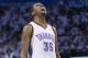 OKLAHOMA CITY, OK - APRIL 21: Kevin Durant #35 of the Oklahoma City Thunder yells against the Memphis Grizzlies in Game Two of the Western Conference Quarterfinals during the 2014 NBA Playoffs at the Chesapeake Arena on April 21, 2014 in Oklahoma City, Oklahoma. NOTE TO USER: User expressly acknowledges and agrees that, by downloading and/or using this photograph, user is consenting to the terms and conditions of the Getty Images License Agreement. Mandatory Copyright Notice: Copyright 2014 NBAE (Photo by Richard Rowe/NBAE via Getty Images)
