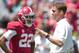 Apr 19, 2014; Tuscaloosa, AL, USA; Alabama Crimson Tide offensive coordinator/quarterbacks coach Lane Kiffin talks to wide receiver Christion Jones (22) prior to the A-Day game at Bryant-Denny Stadium. Mandatory Credit: Marvin Gentry-USA TODAY Sports