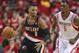 Apr 20, 2014; Houston, TX, USA; Portland Trail Blazers guard Damian Lillard (0) dribbles the ball as Houston Rockets forward Terrence Jones (6) chases during the second quarter of game one during the first round of the 2014 NBA Playoffs at Toyota Center. Mandatory Credit: Troy Taormina-USA TODAY Sports