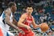 Apr 11, 2014; Minneapolis, MN, USA; Houston Rockets guard Jeremy Lin (7) dribbles against the Minnesota Timberwolves center Gorgui Dieng (5) at Target Center. The Minnesota Timberwolves win 112-110. Mandatory Credit: Brad Rempel-USA TODAY Sports