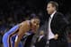Oklahoma City Thunder coach Scott Brooks, right, speaks with Russell Westbrook during the first half of an NBA basketball game against the Golden State Warriors, Thursday, Nov. 14, 2013, in Oakland, Calif. (AP Photo/Ben Margot)