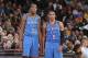 OAKLAND, CA - NOVEMBER 14: Kevin Durant #35 and Russell Westbrook #0 of the Oklahoma City Thunder in a game against the Golden State Warriors on November 14, 2013 at Oracle Arena in Oakland, California. NOTE TO USER: User expressly acknowledges and agrees that, by downloading and or using this photograph, user is consenting to the terms and conditions of Getty Images License Agreement. Mandatory Copyright Notice: Copyright 2013 NBAE (Photo by Rocky Widner/NBAE via Getty Images)