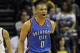 Apr 24, 2014; Memphis, TN, USA; Oklahoma City Thunder guard Russell Westbrook (0) reacts during the game against the Memphis Grizzlies in game three of the first round of the 2014 NBA Playoffs at FedExForum. Memphis Grizzlies beat Oklahoma City Thunder in overtime 98 - 95. Mandatory Credit: Justin Ford-USA TODAY Sports