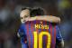 BARCELONA, SPAIN - OCTOBER 15: Lionel Messi of FC Barcelona celebrates with his teammate Andres Iniesta (L) after scoring his third team's goal during the La Liga match between FC Barcelona and Real Racing Club at Camp Nou on October 15, 2011 in Barcelona, Spain. (Photo by David Ramos/Getty Images)