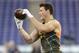 Notre Dame tight end Troy Niklas runs a drill at the NFL football scouting combine in Indianapolis, Saturday, Feb. 22, 2014. (AP Photo/Michael Conroy)
