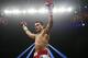 Marcos Maidana, of Argentina, celebrates his victory over Jesus Soto Karass, of Mexico, following their welterweight boxing match, Saturday, Sept. 15, 2012, in Las Vegas. (AP Photo/Isaac Brekken)