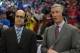 Feb 5, 2014; Los Angeles, CA, USA; ESPN broadcasters Jeff Van Gundy (left) and Mike Breen during the NBA game between the Miami Heat and the Los Angeles Clippers at Staples Center. Mandatory Credit: Kirby Lee-USA TODAY Sports